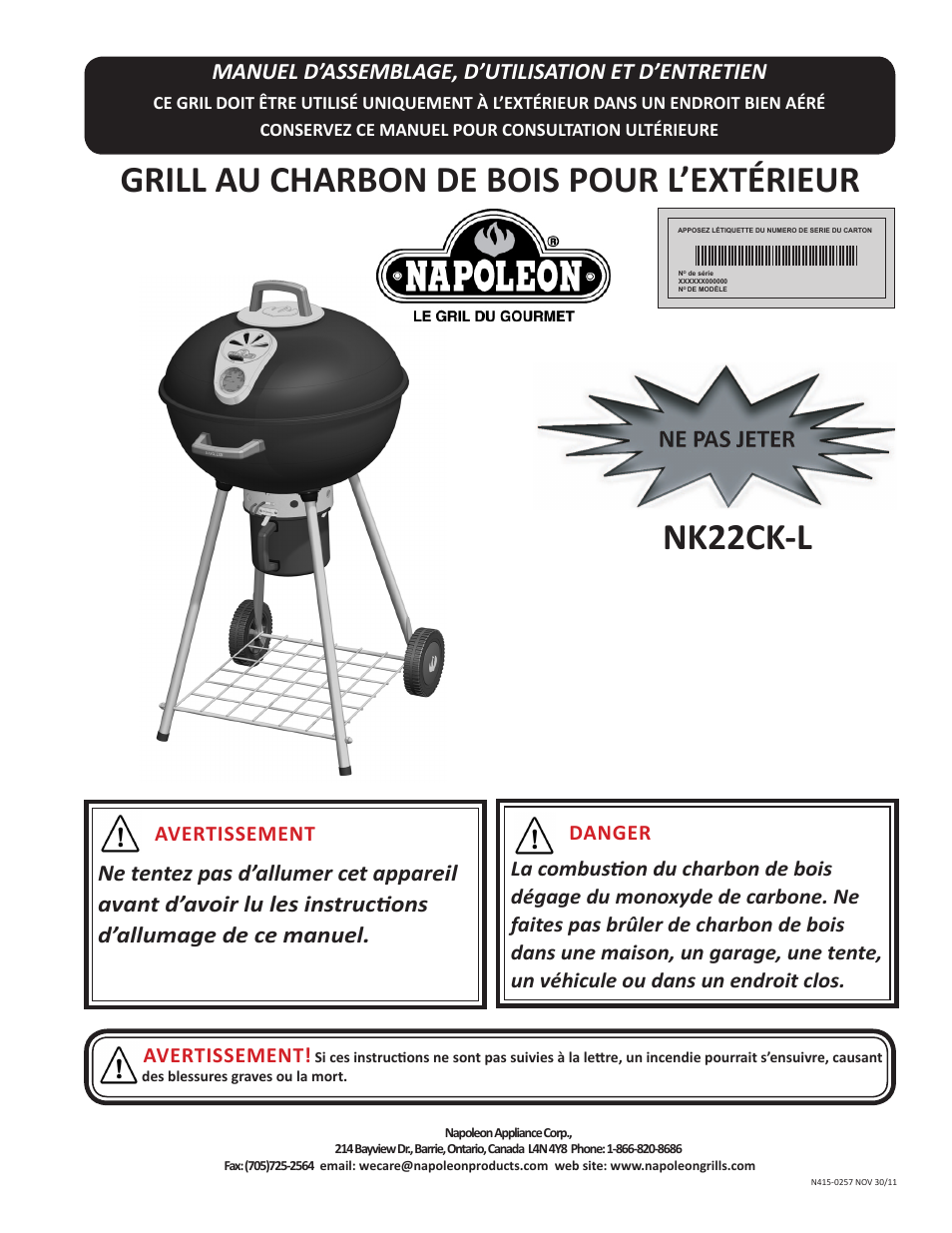 Grill au charbon de bois pour l’extérieur, Nk22ck-l, Manuel d’assemblage, d’utilisation et d’entretien | Avertissement | Napoleon Grills NK22CK-L User Manual | Page 13 / 76