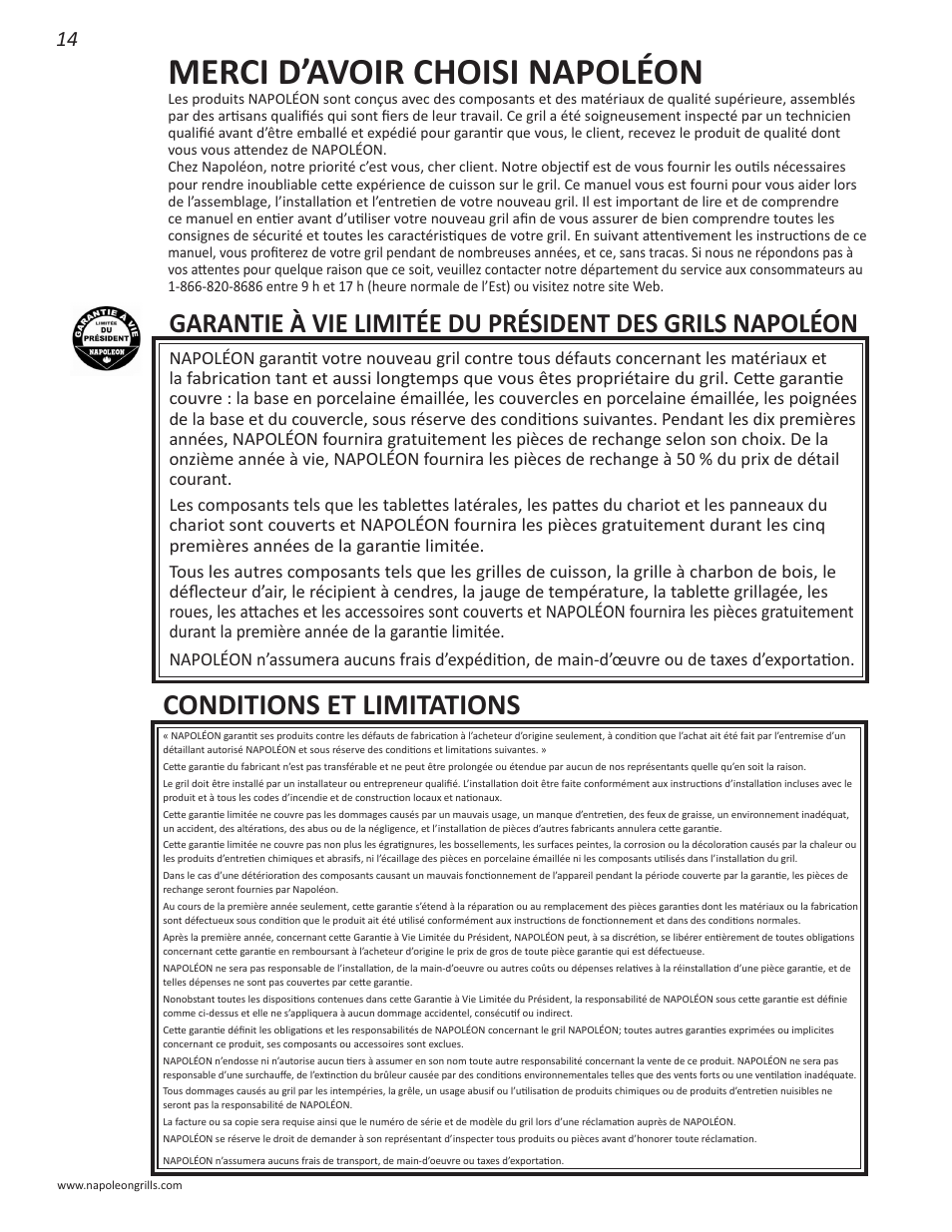 Merci d’avoir choisi napoléon, Conditions et limitations | Napoleon Grills NK22CK-L User Manual | Page 14 / 76