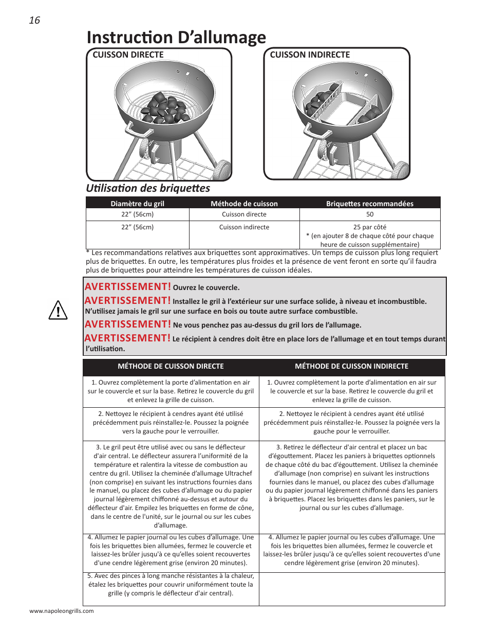 Instruction d’allumage, Utilisation des briquettes, Avertissement | Napoleon Grills NK22CK-L User Manual | Page 16 / 76
