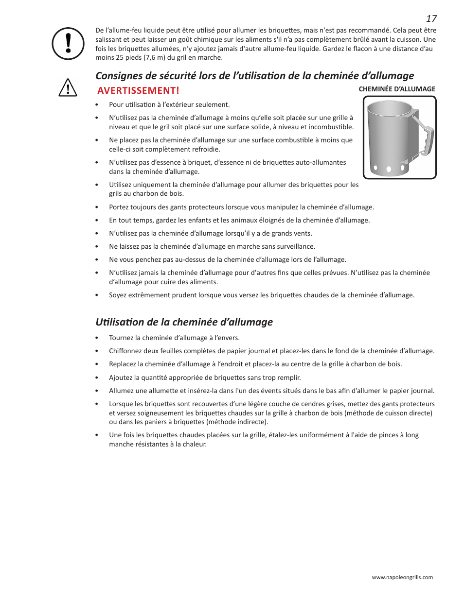 Utilisation de la cheminée d’allumage, Avertissement | Napoleon Grills NK22CK-L User Manual | Page 17 / 76