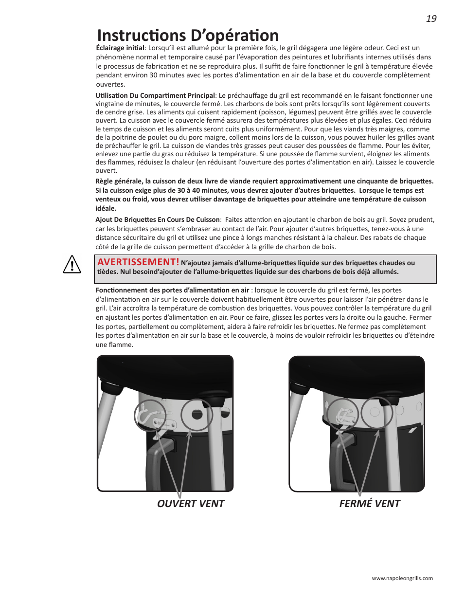 Instructions d’opération, Fermé vent ouvert vent, Avertissement | Napoleon Grills NK22CK-L User Manual | Page 19 / 76