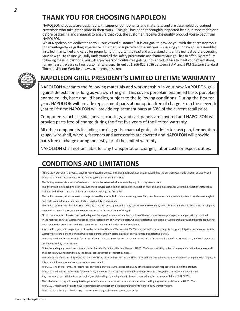 Conditions and limitations | Napoleon Grills NK22CK-L User Manual | Page 2 / 76