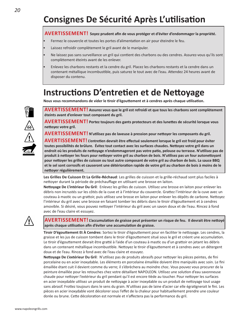 Consignes de sécurité après l’utilisation, Instructions d’entretien et de nettoyage, Avertissement | Napoleon Grills NK22CK-L User Manual | Page 20 / 76
