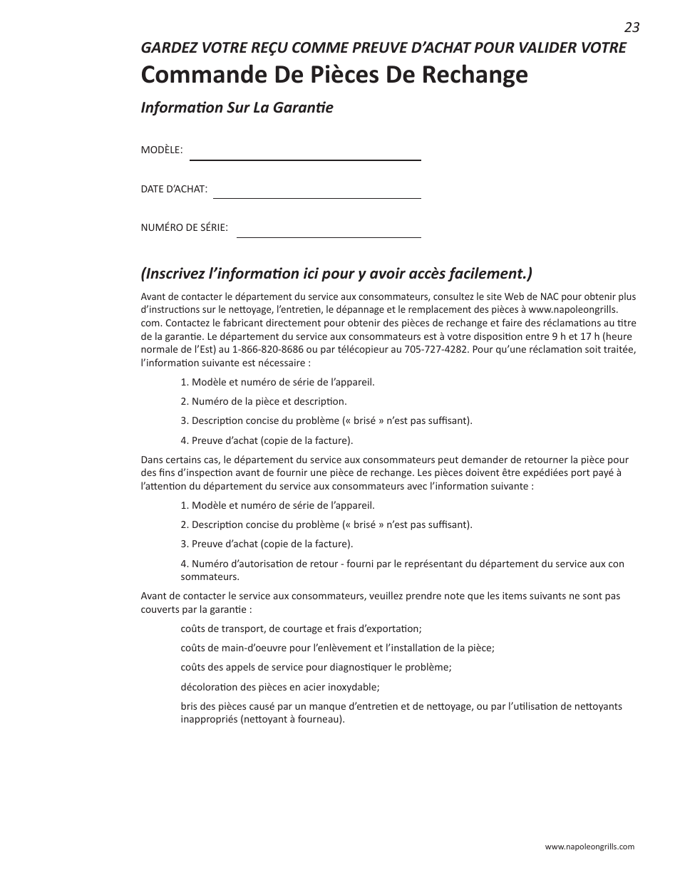 Commande de pièces de rechange, Information sur la garantie | Napoleon Grills NK22CK-L User Manual | Page 23 / 76