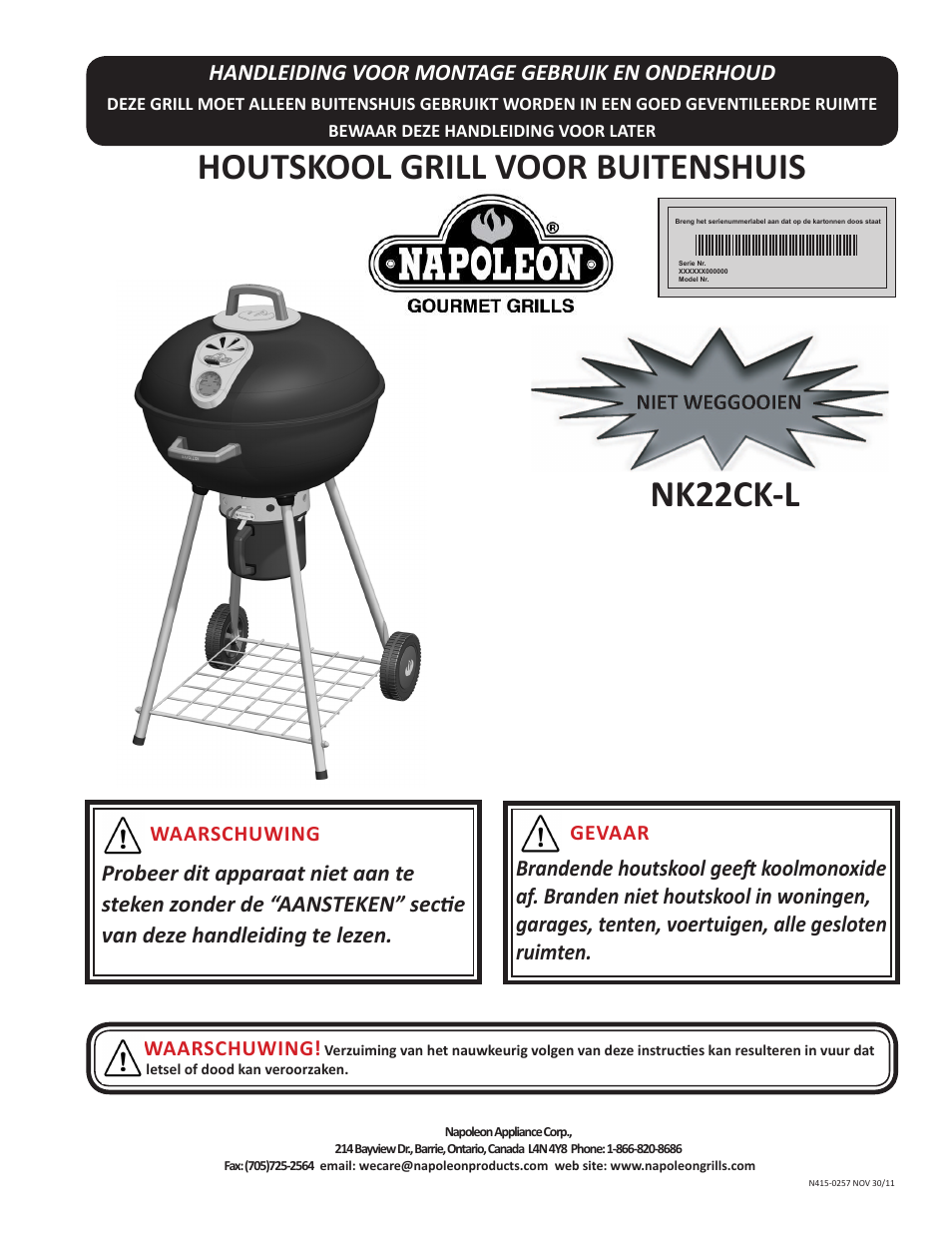 Houtskool grill voor buitenshuis, Nk22ck-l, Handleiding voor montage gebruik en onderhoud | Napoleon Grills NK22CK-L User Manual | Page 25 / 76