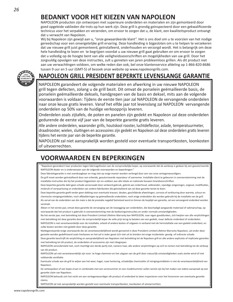 Bedankt voor het kiezen van napoleon, Voorwaarden en beperkingen | Napoleon Grills NK22CK-L User Manual | Page 26 / 76