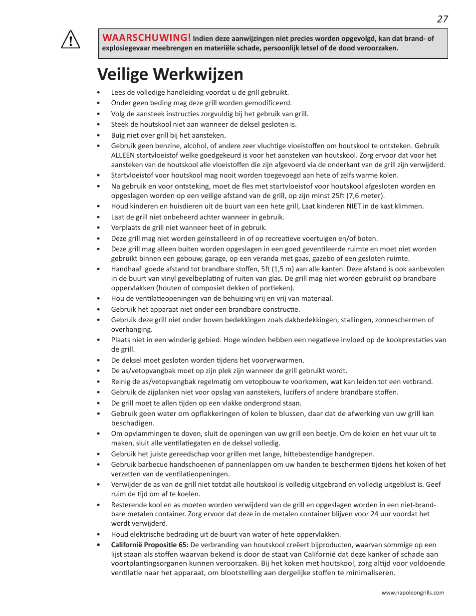 Veilige werkwijzen, Waarschuwing | Napoleon Grills NK22CK-L User Manual | Page 27 / 76