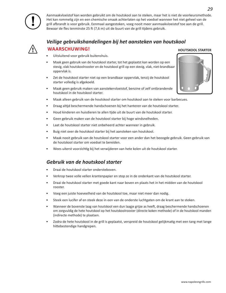 Gebruik van de houtskool starter, Waarschuwing | Napoleon Grills NK22CK-L User Manual | Page 29 / 76