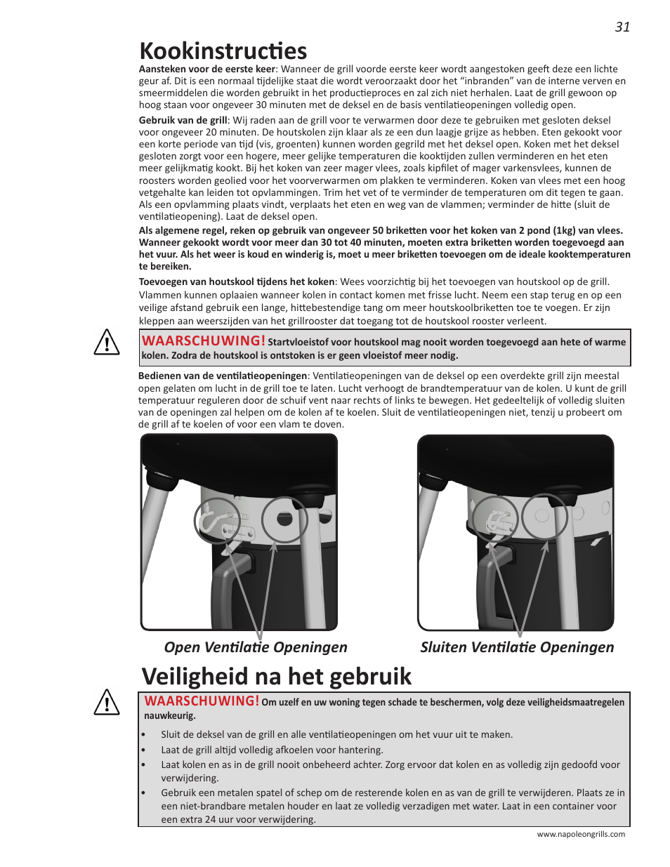 Kookinstructies, Veiligheid na het gebruik, Waarschuwing | Napoleon Grills NK22CK-L User Manual | Page 31 / 76