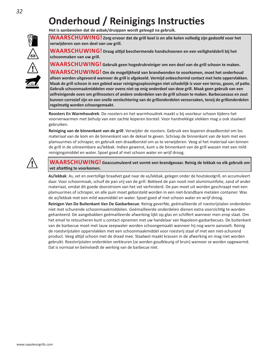 Onderhoud / reinigings instructies, Waarschuwing | Napoleon Grills NK22CK-L User Manual | Page 32 / 76