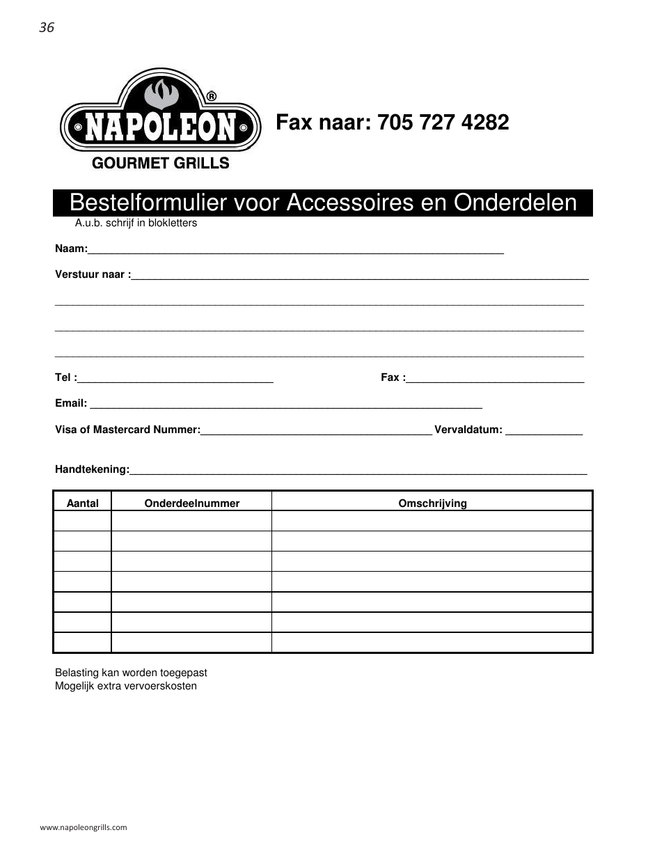 Bestelformulier voor accessoires en onderdelen | Napoleon Grills NK22CK-L User Manual | Page 36 / 76