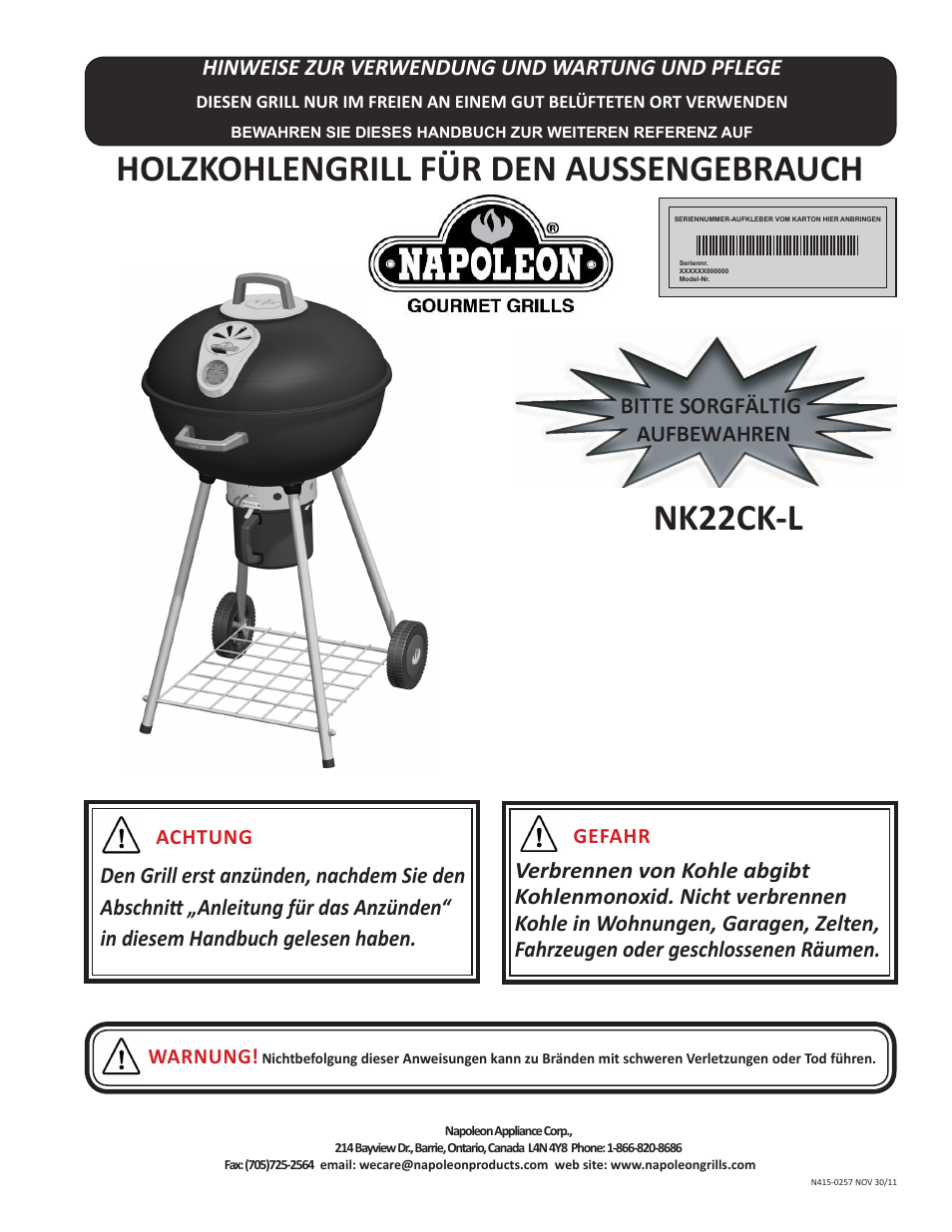 Holzkohlengrill für den aussengebrauch nk22ck-l, Hinweise zur verwendung und wartung und pflege | Napoleon Grills NK22CK-L User Manual | Page 37 / 76