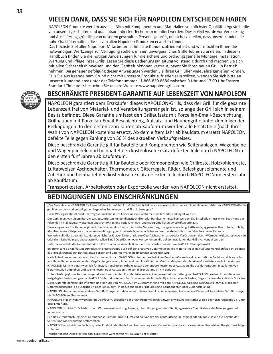 Bedingungen und einschränkungen | Napoleon Grills NK22CK-L User Manual | Page 38 / 76