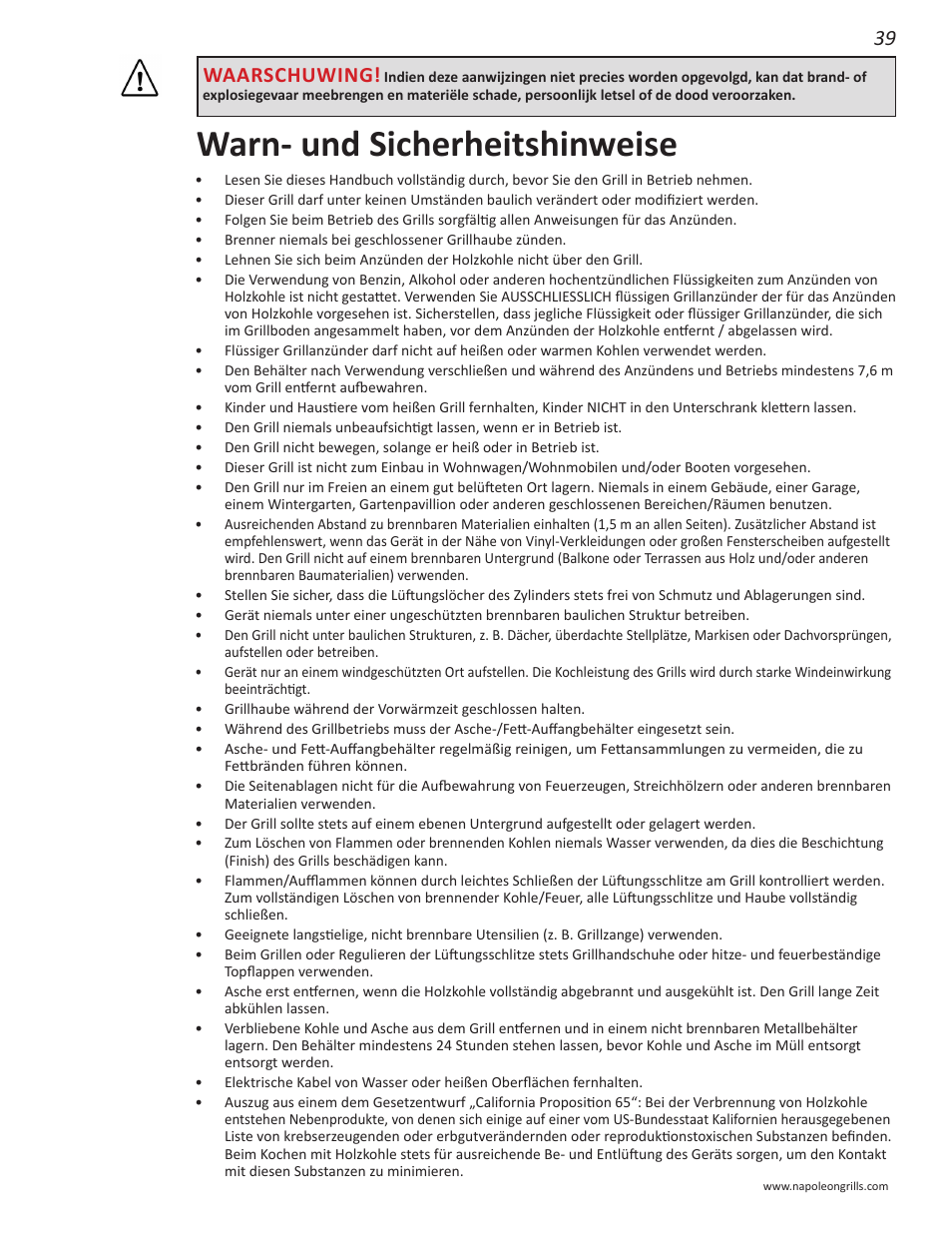 Warn- und sicherheitshinweise, Waarschuwing | Napoleon Grills NK22CK-L User Manual | Page 39 / 76