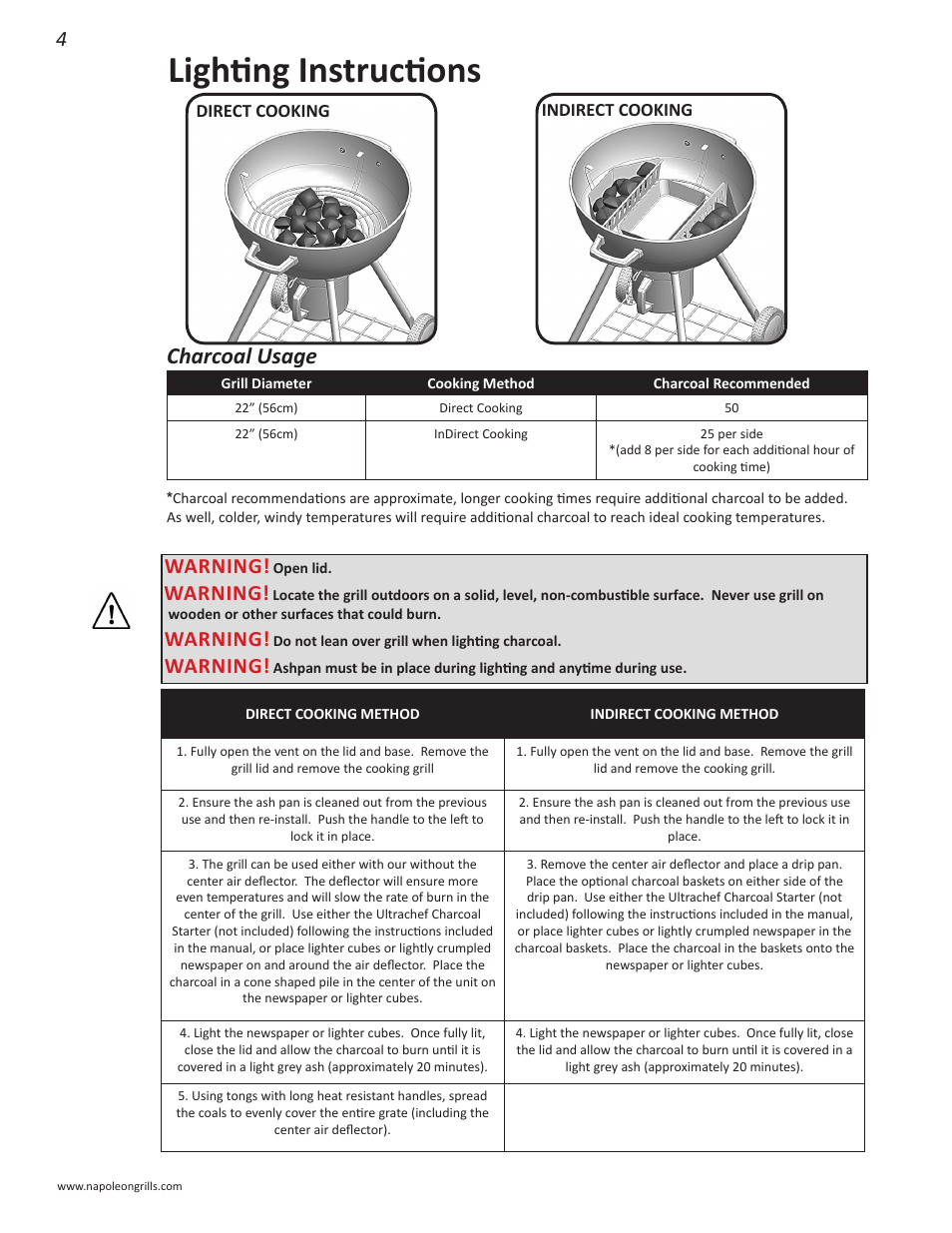 Lighting instructions, Charcoal usage, Warning | Napoleon Grills NK22CK-L User Manual | Page 4 / 76