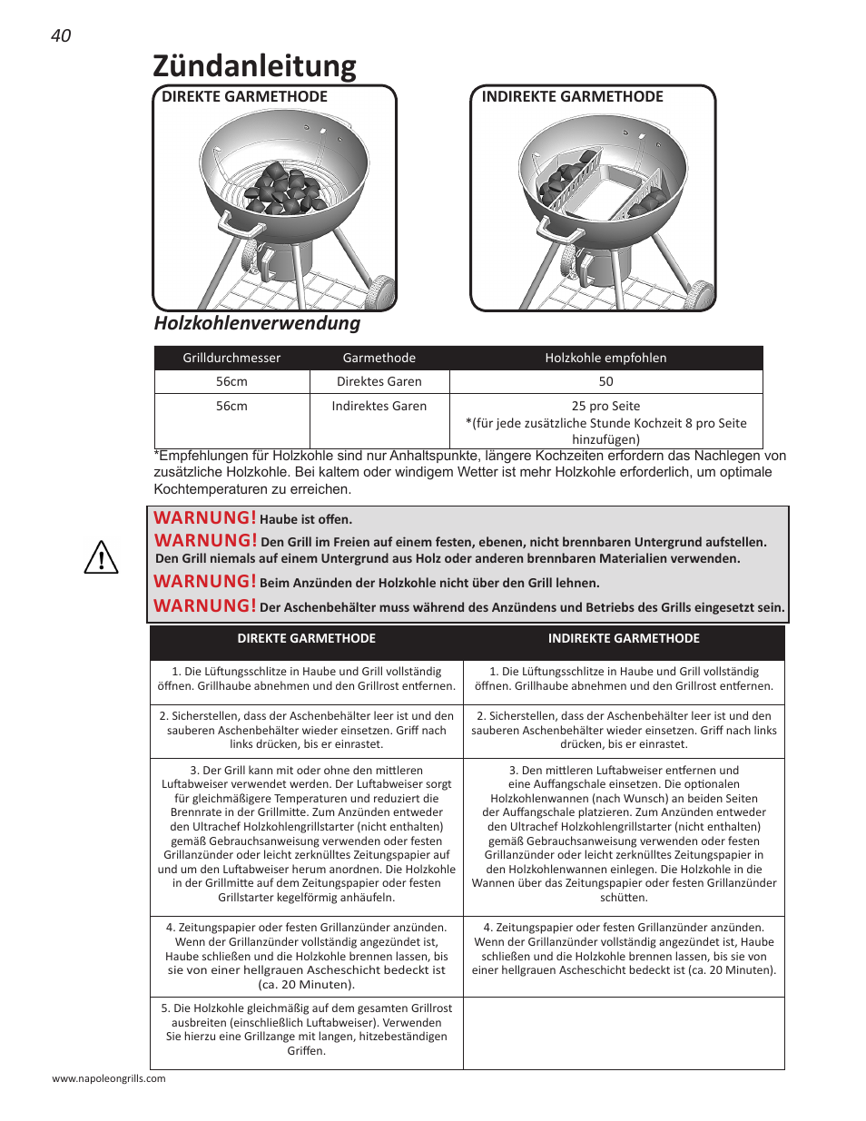 Zündanleitung, Holzkohlenverwendung, Warnung | Napoleon Grills NK22CK-L User Manual | Page 40 / 76