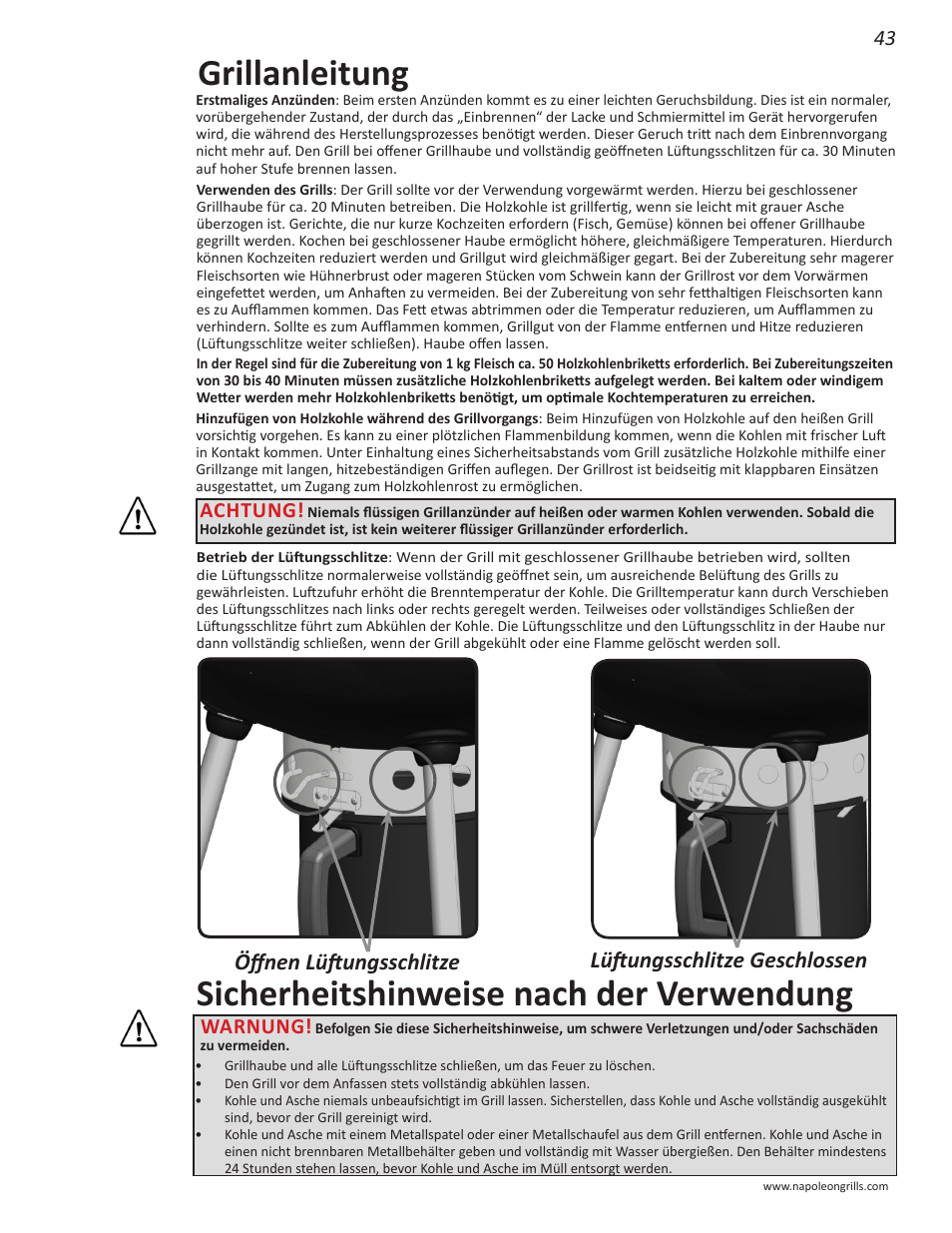 Grillanleitung, Sicherheitshinweise nach der verwendung, Achtung | Warnung | Napoleon Grills NK22CK-L User Manual | Page 43 / 76