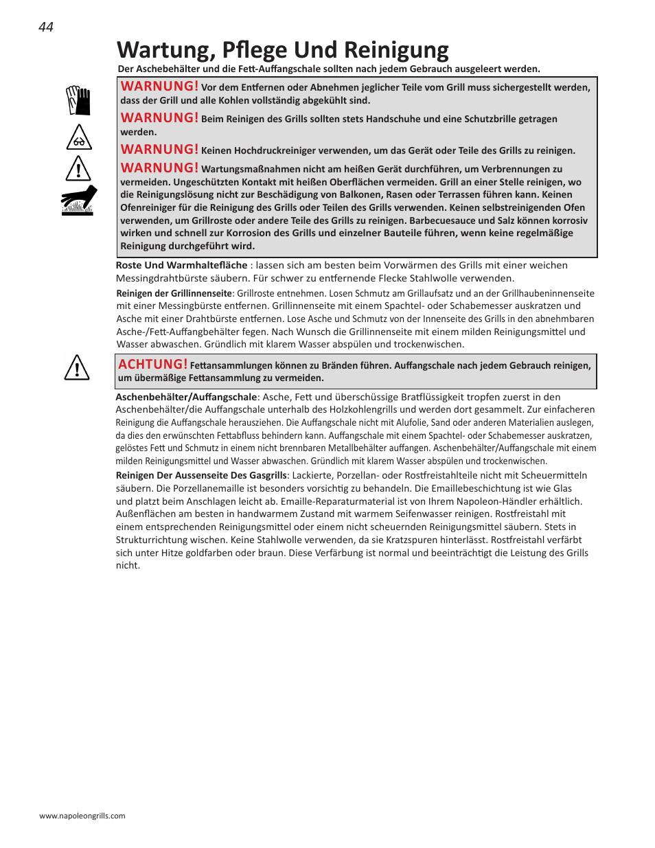 Wartung, pflege und reinigung, Warnung, Achtung | Napoleon Grills NK22CK-L User Manual | Page 44 / 76