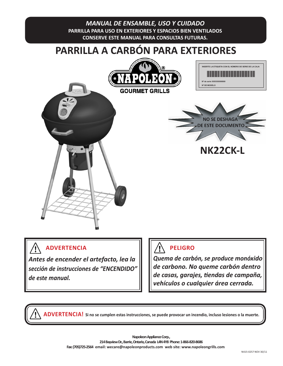 Parrilla a carbón para exteriores, Nk22ck-l, Manual de ensamble, uso y cuidado | Napoleon Grills NK22CK-L User Manual | Page 49 / 76