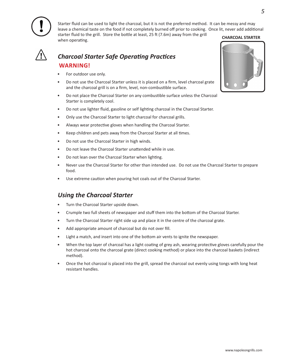 Charcoal starter safe operating practices, Using the charcoal starter, Warning | Napoleon Grills NK22CK-L User Manual | Page 5 / 76