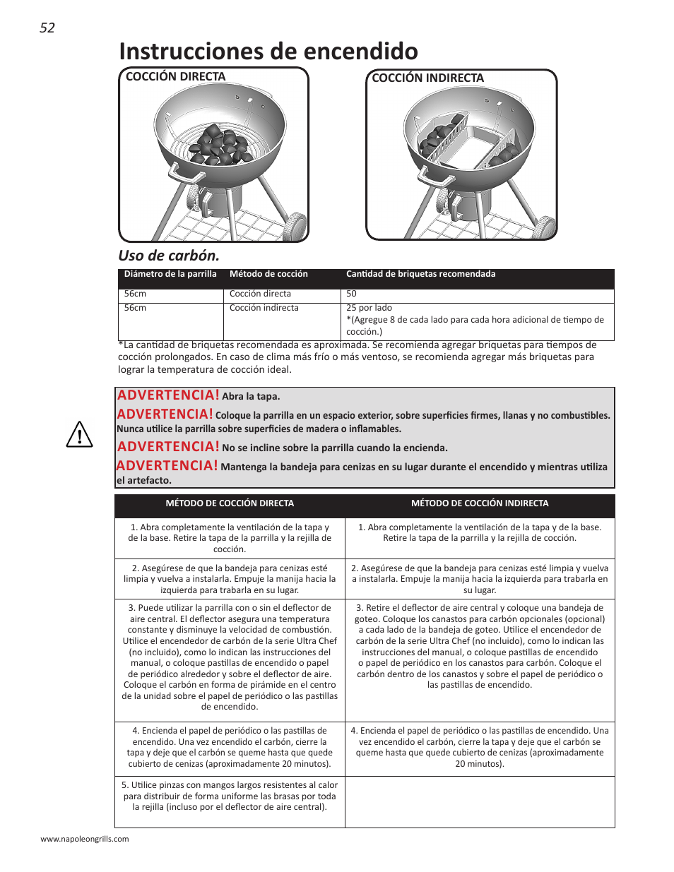 Instrucciones de encendido, Uso de carbón, Advertencia | Napoleon Grills NK22CK-L User Manual | Page 52 / 76