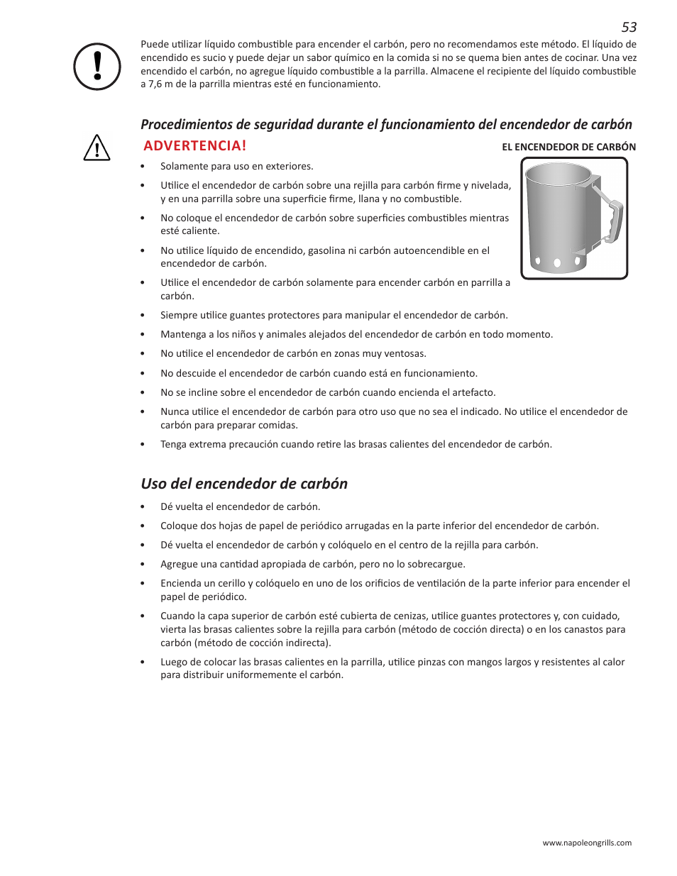 Uso del encendedor de carbón | Napoleon Grills NK22CK-L User Manual | Page 53 / 76