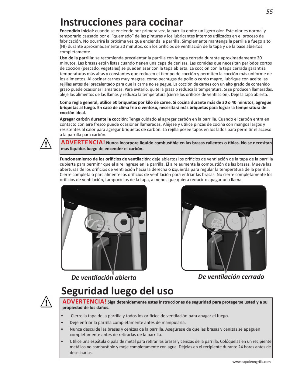 Instrucciones para cocinar, Seguridad luego del uso, De ventilación cerrado | De ventilación abierta, Advertencia | Napoleon Grills NK22CK-L User Manual | Page 55 / 76