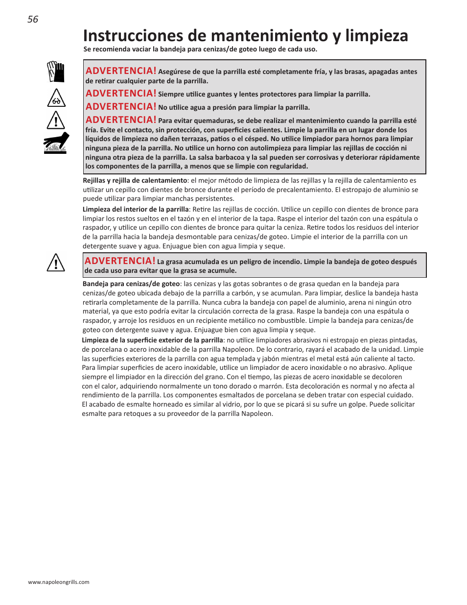 Instrucciones de mantenimiento y limpieza, Advertencia | Napoleon Grills NK22CK-L User Manual | Page 56 / 76