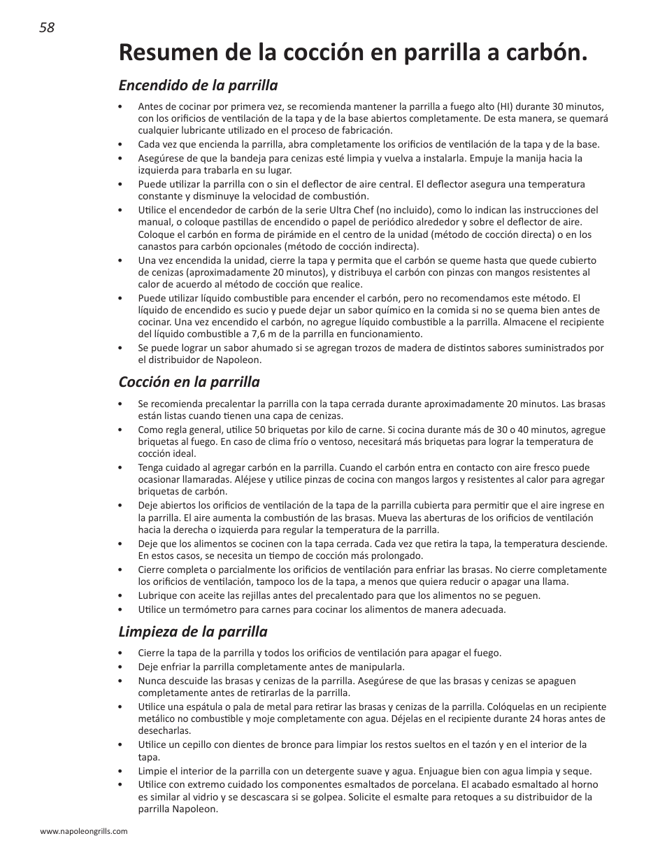 Resumen de la cocción en parrilla a carbón, Encendido de la parrilla, Cocción en la parrilla | Limpieza de la parrilla | Napoleon Grills NK22CK-L User Manual | Page 58 / 76