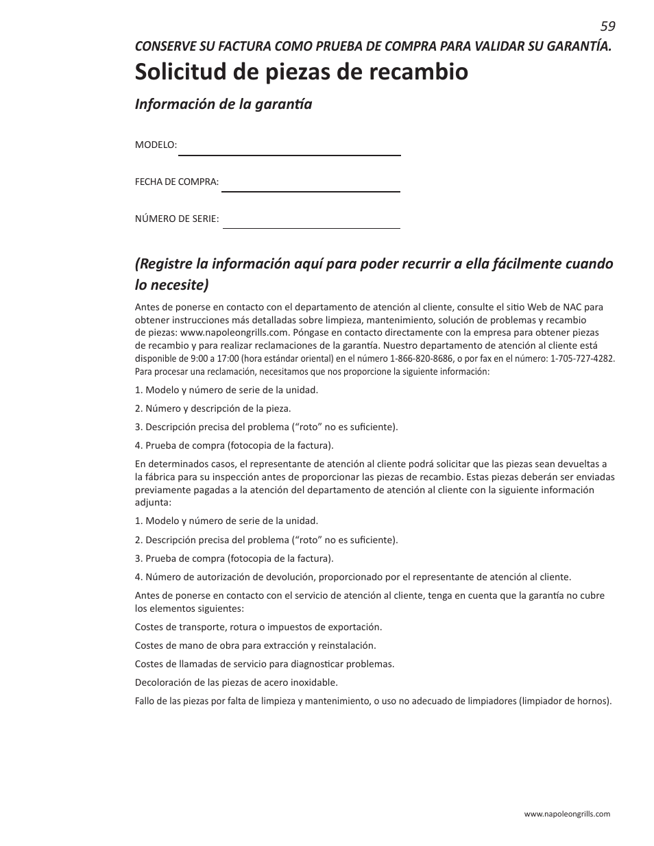 Solicitud de piezas de recambio, Información de la garantía | Napoleon Grills NK22CK-L User Manual | Page 59 / 76