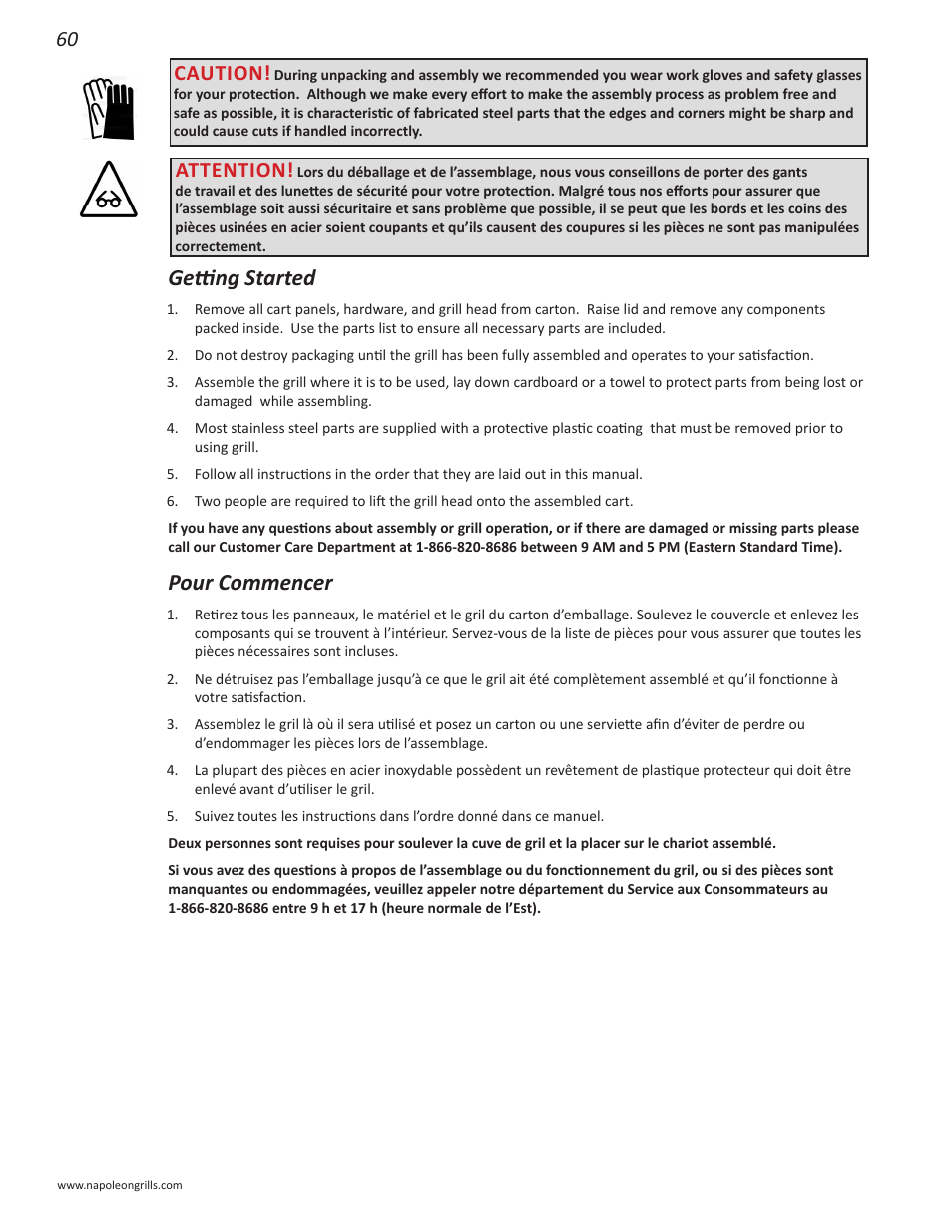 Getting started, Pour commencer, Attention | Caution | Napoleon Grills NK22CK-L User Manual | Page 60 / 76