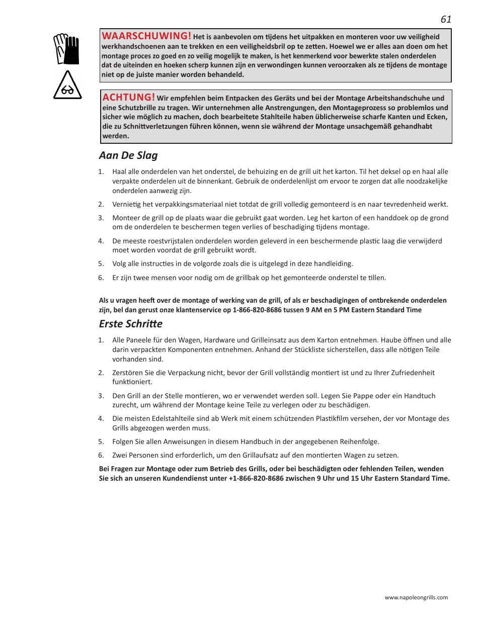 Aan de slag, Erste schritte, Waarschuwing | Achtung | Napoleon Grills NK22CK-L User Manual | Page 61 / 76