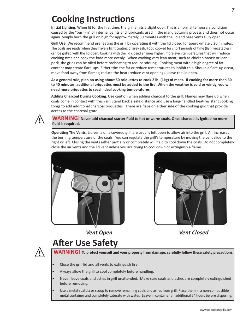 Cooking instructions, After use safety, Vent open vent closed | Warning | Napoleon Grills NK22CK-L User Manual | Page 7 / 76