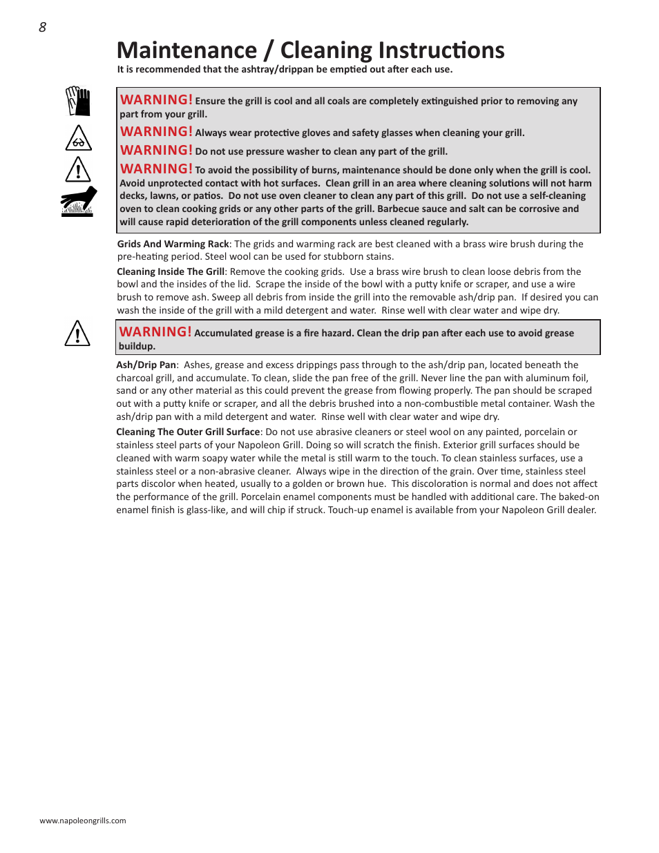 Maintenance / cleaning instructions, Warning | Napoleon Grills NK22CK-L User Manual | Page 8 / 76