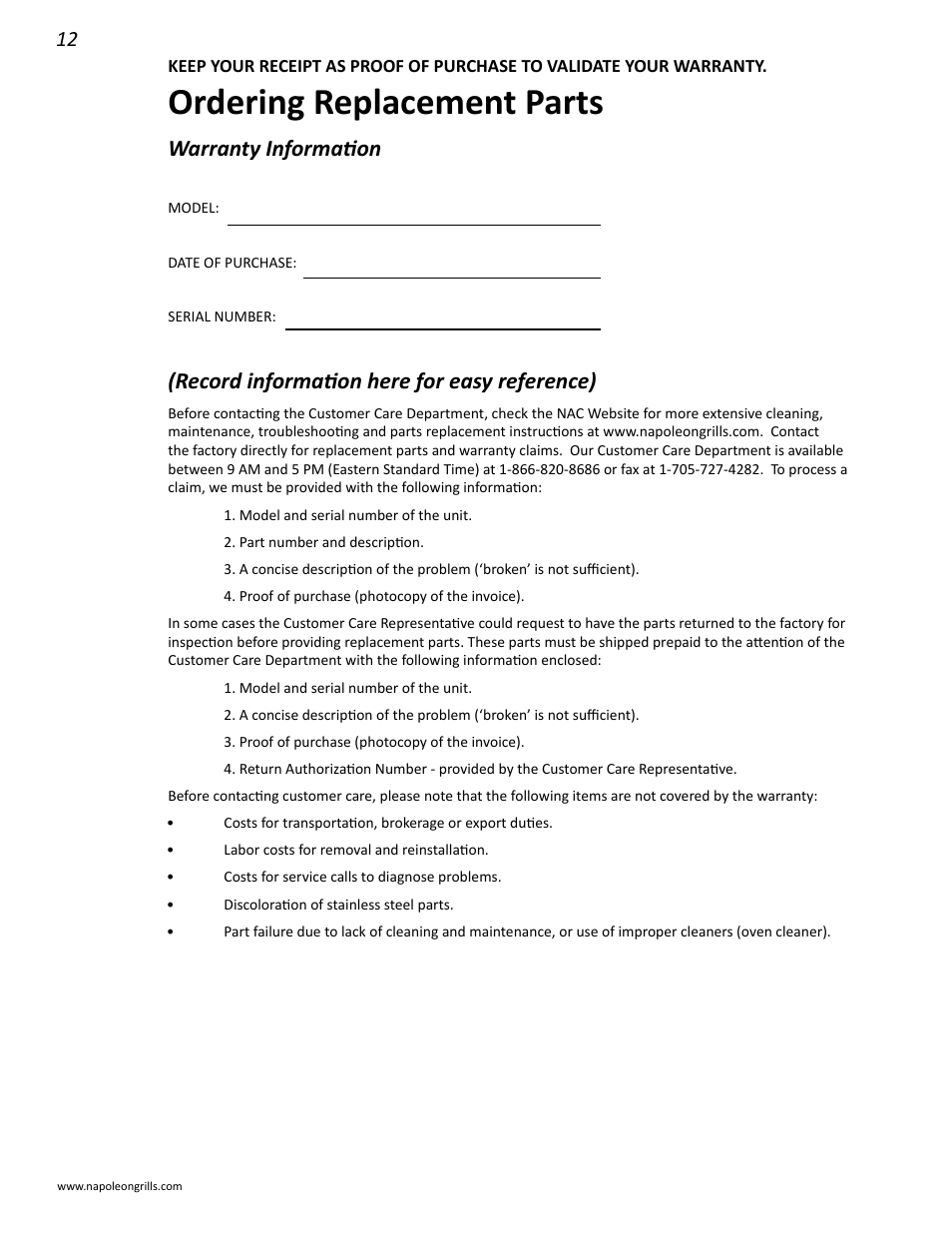 Ordering replacement parts, Warranty information, Record information here for easy reference) | Napoleon Grills LD485RB User Manual | Page 12 / 36