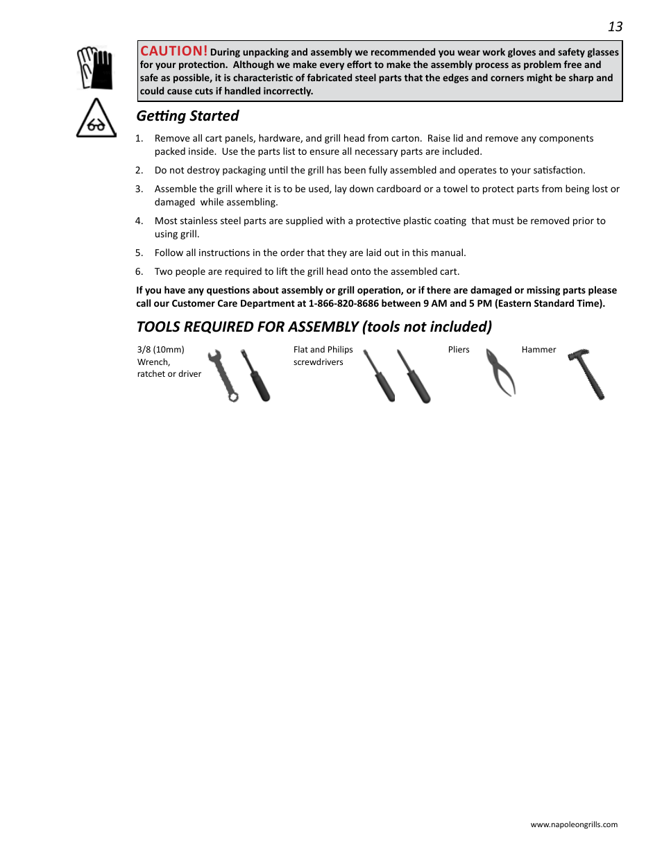 Getting started, Tools required for assembly (tools not included), Caution | Napoleon Grills LD485RB User Manual | Page 13 / 36