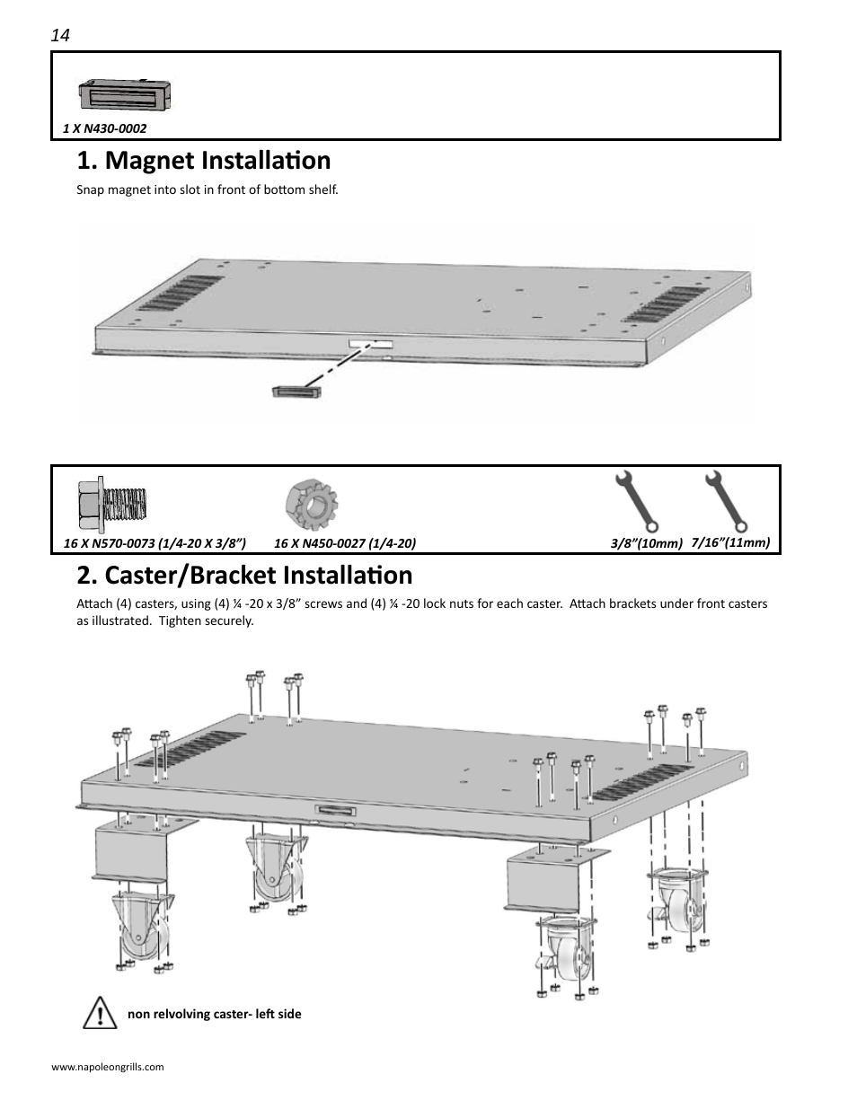 Caster/bracket installation, Magnet installation, Propane tank ring installation | Left and right cart panel installation | Napoleon Grills LD485RB User Manual | Page 14 / 36