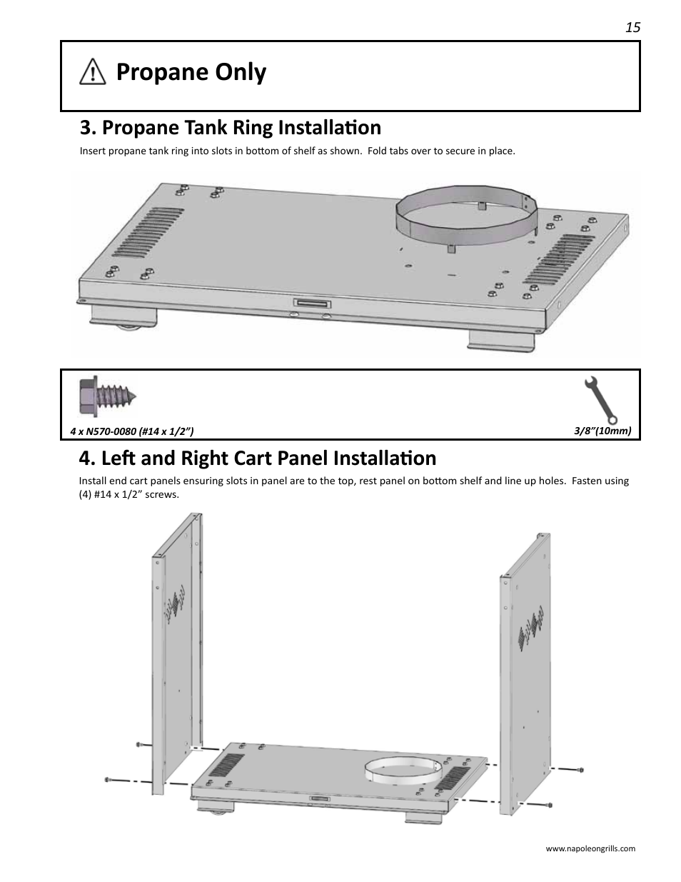 Propane only, Propane tank ring installation, Left and right cart panel installation | Napoleon Grills LD485RB User Manual | Page 15 / 36