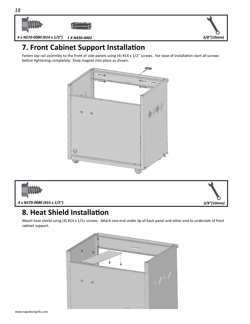 Front cabinet support installation, Heat shield installation | Napoleon Grills LD485RB User Manual | Page 18 / 36