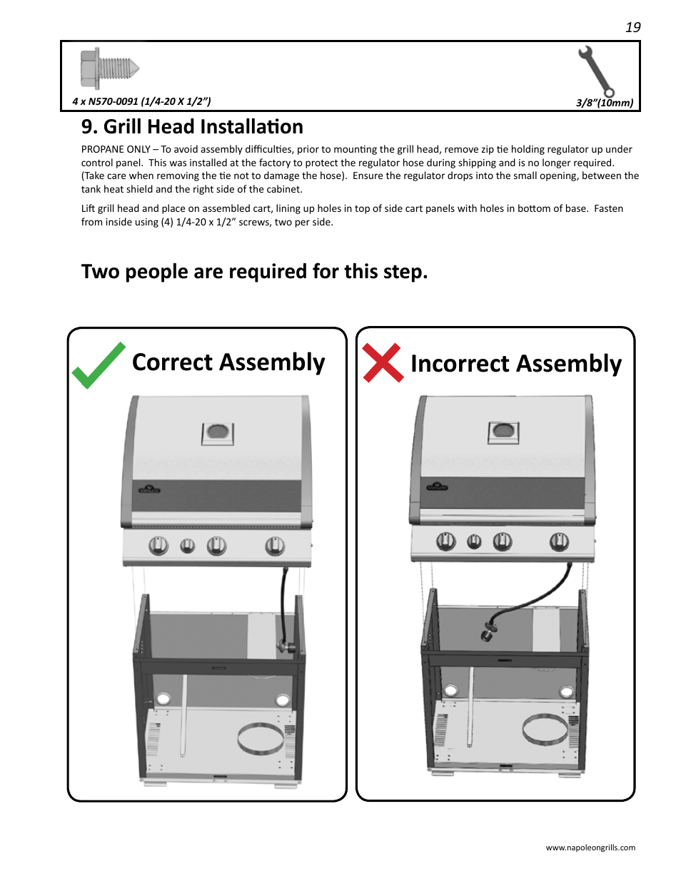 Correct assembly incorrect assembly, Grill head installation, Two people are required for this step | Napoleon Grills LD485RB User Manual | Page 19 / 36