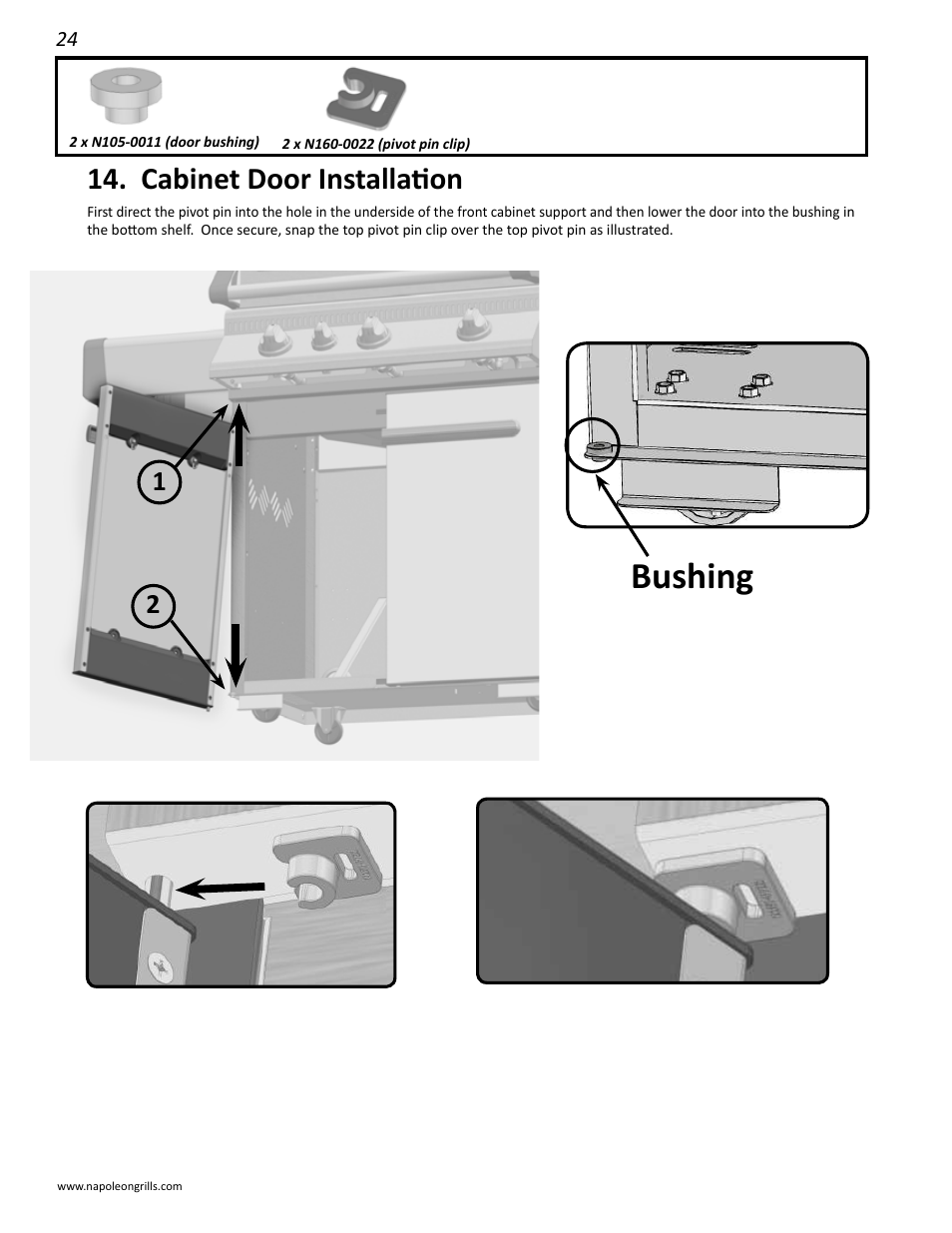 Bushing, Cabinet door installation | Napoleon Grills LD485RB User Manual | Page 24 / 36