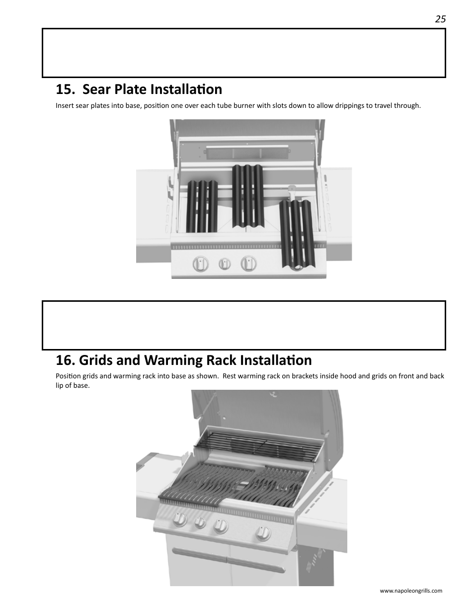 Sear plate installation, Grids and warming rack installation | Napoleon Grills LD485RB User Manual | Page 25 / 36