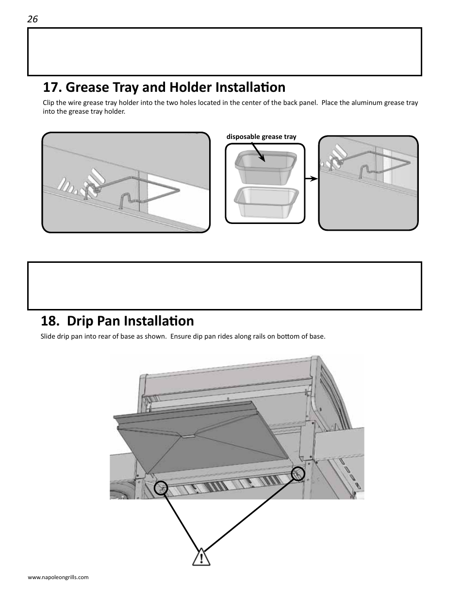 Grease tray and holder installation, Drip pan installation | Napoleon Grills LD485RB User Manual | Page 26 / 36
