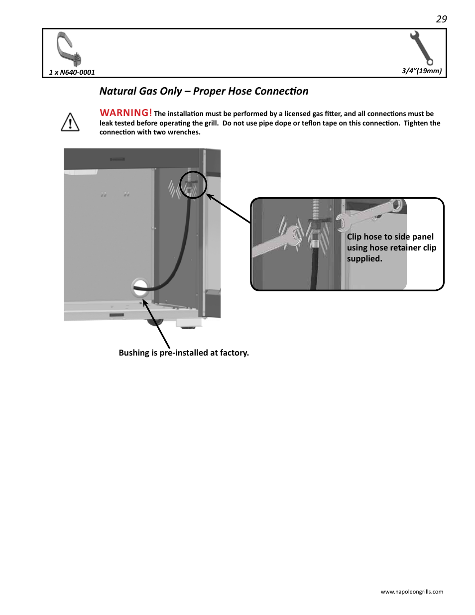 Natural gas only – proper hose connection, Warning | Napoleon Grills LD485RB User Manual | Page 29 / 36