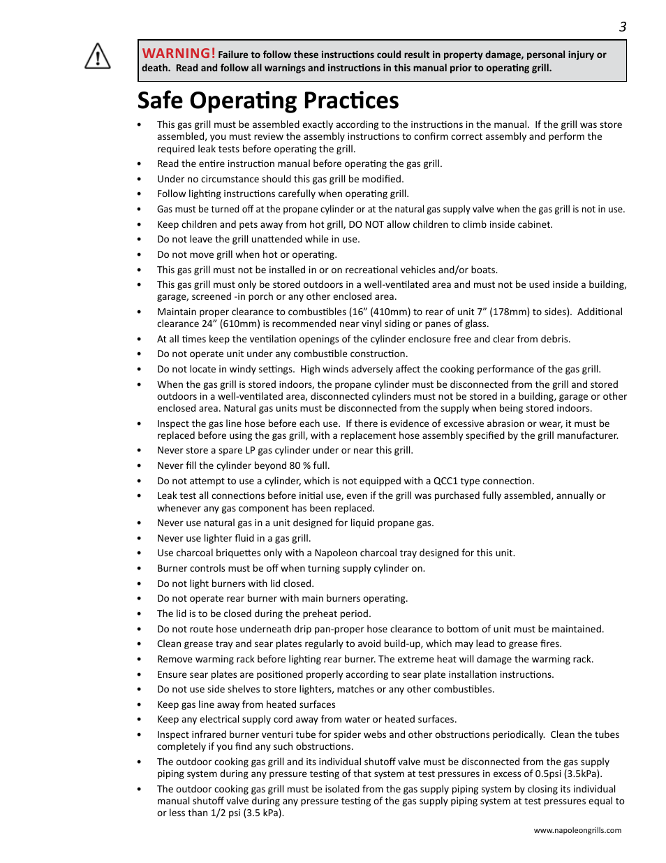 Safe operating practices, Warning | Napoleon Grills LD485RB User Manual | Page 3 / 36