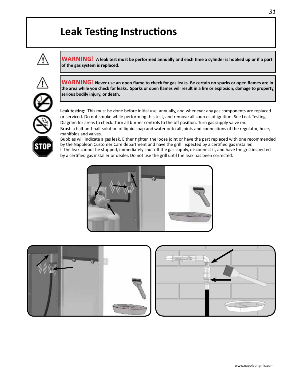 Leak testing instructions, Warning | Napoleon Grills LD485RB User Manual | Page 31 / 36