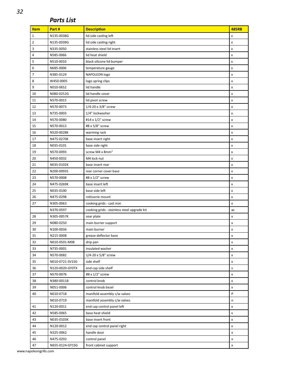 Parts list | Napoleon Grills LD485RB User Manual | Page 32 / 36