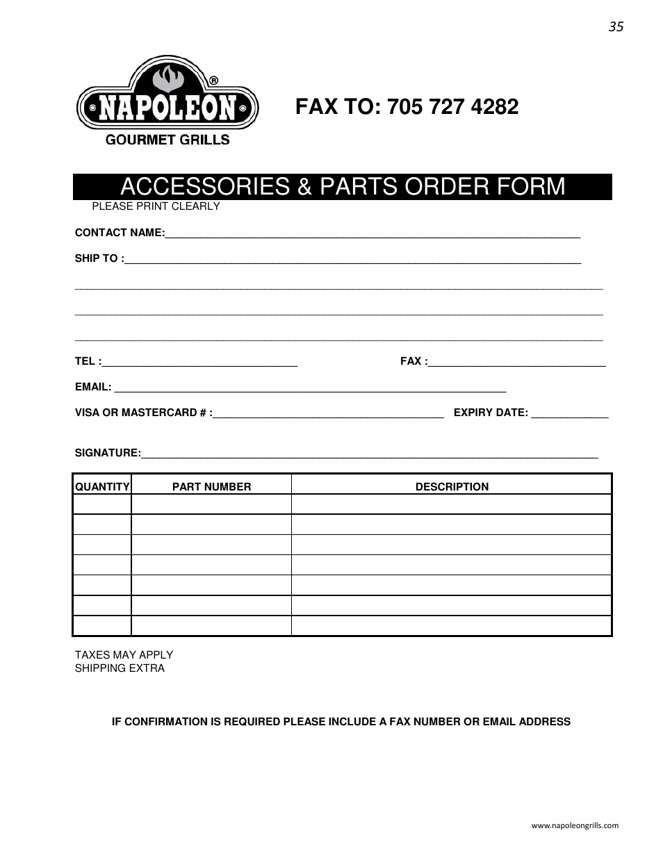 Accessories & parts order form | Napoleon Grills LD485RB User Manual | Page 35 / 36