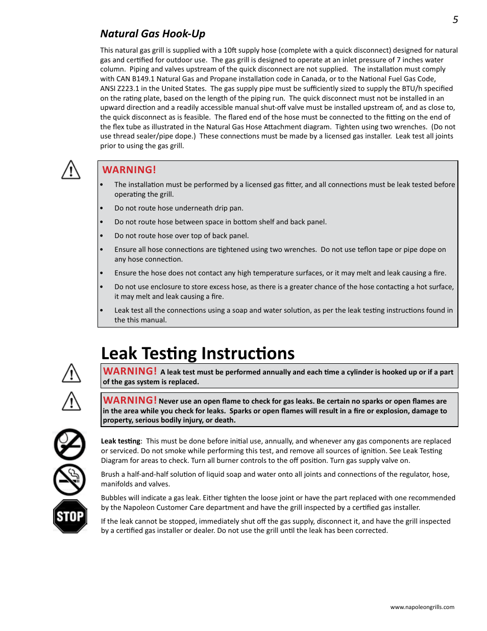 Leak testing instructions, Natural gas hook-up, Warning | Napoleon Grills LD485RB User Manual | Page 5 / 36