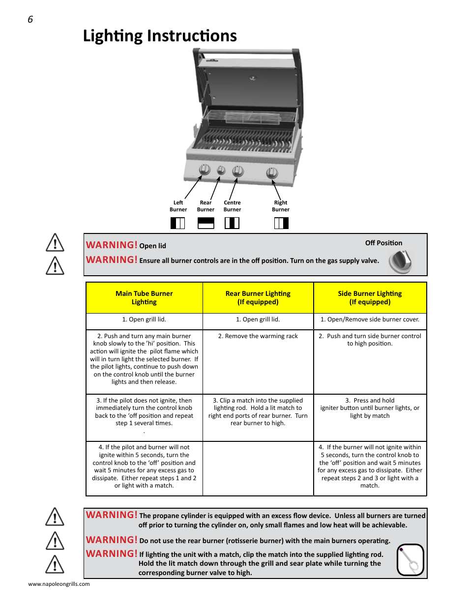 Lighting instructions, Warning | Napoleon Grills LD485RB User Manual | Page 6 / 36